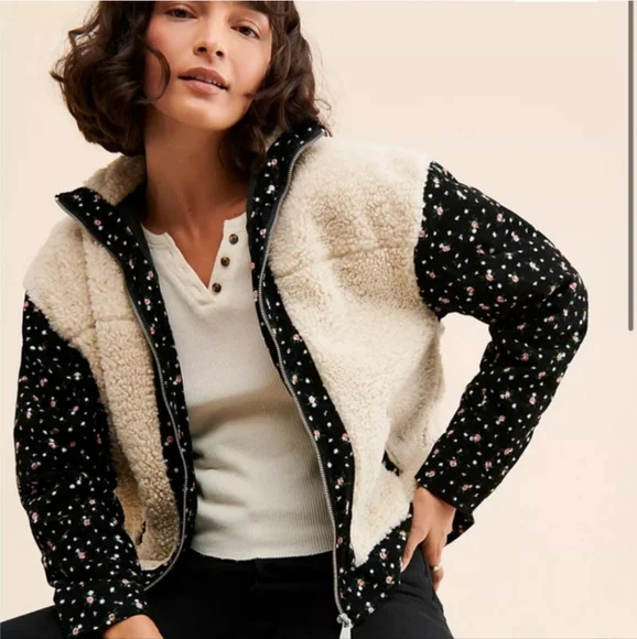 DRIFTWOOD X Free People Black and Cream Teddy Floral Jacket Size Medium - Picture 1 of 7